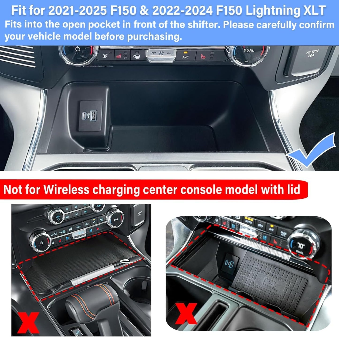 Center Console Compartment Cover for Ford F150 Accessories 2021-2024 2025/Lightning XLT 2022-2024 Interior Hidden Panel Secret Pocket Lid USB Hole (Fits into The Open Pocket in Front of The Shifter)