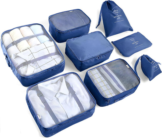 AMAYGA Organizer Suitcase Set of 8, Travel Organizers Cubes Packaging Laundry Bag Compression Bags for Clothes, Cosmetics, Shoes, Underwear (Dark Blue), dark blue