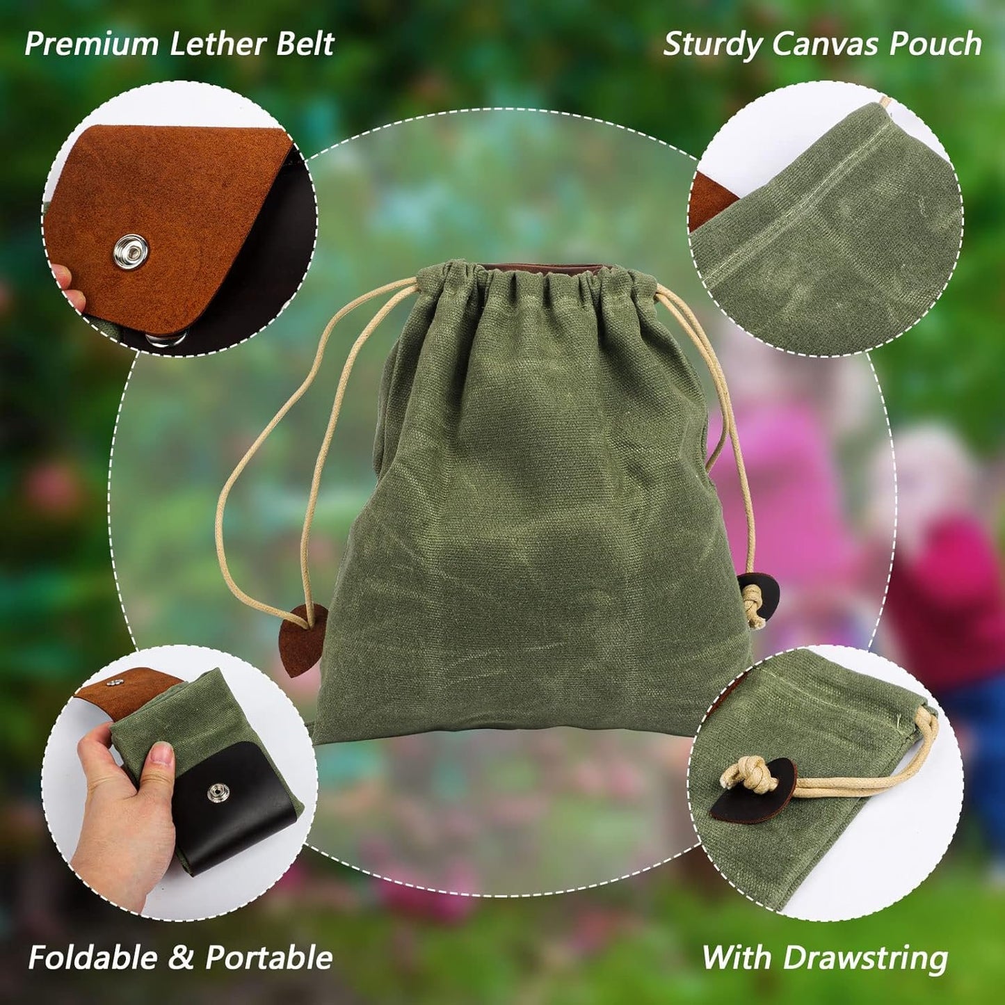 phpingan® Genuine Leather Foraging Bag with Strap(Non PU Leather), Collapsible Bushcraft Bag with Waxed Canvass Water Proof Belt Pouch, Backpacking Gear for Outdoor Camping Hiking Travel Green