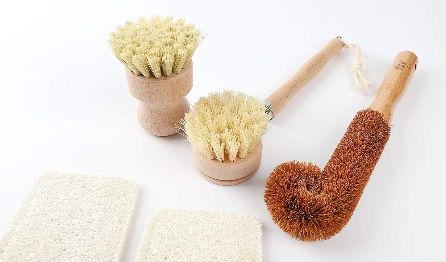 TXV Mart Eco-Friendly Natural Wooden Kitchen Cleaning Brush Set, 5 Piece, Wooden Dish Cleaning Brush Set, Loofah Dish Sponges, Dish and Bottle Scrubber Brushes