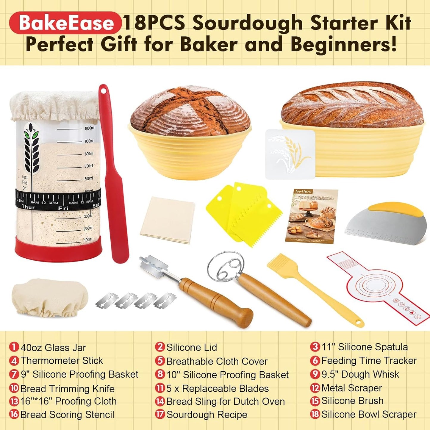 BakeEase Sourdough Starter Kit, 40oz Sourdough Jar, 2 Silicone Proofing Baskets, Thermometer, Feeding Tracker, Sourdough Recipe, Dutch Oven Sling, Scrapers, 18PCS Sourdough Bread Baking Supplies