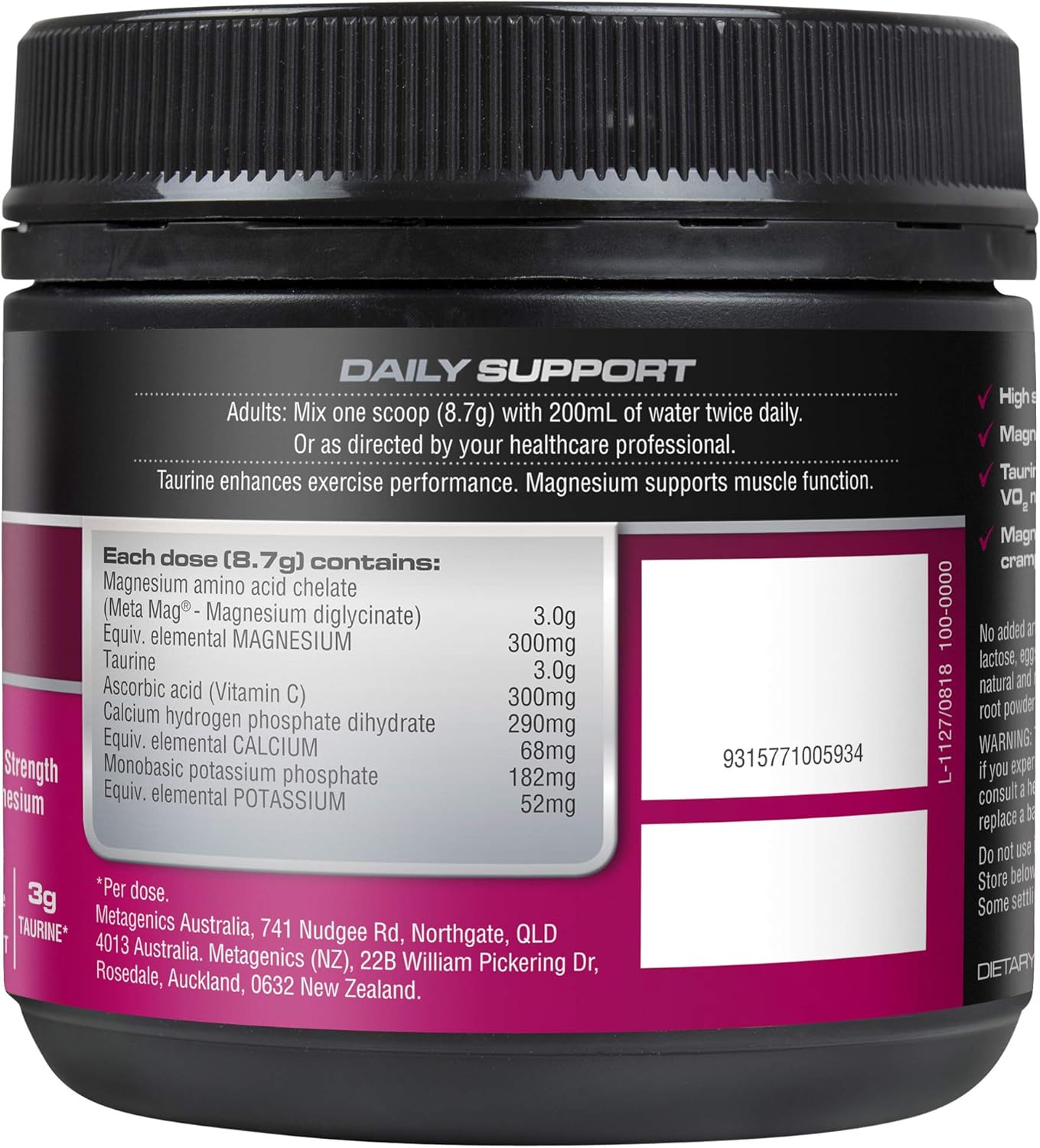 Endura Max Magnesium Powder - For Muscle Cramps & Performance - Raspberry Flavoured - 260g
