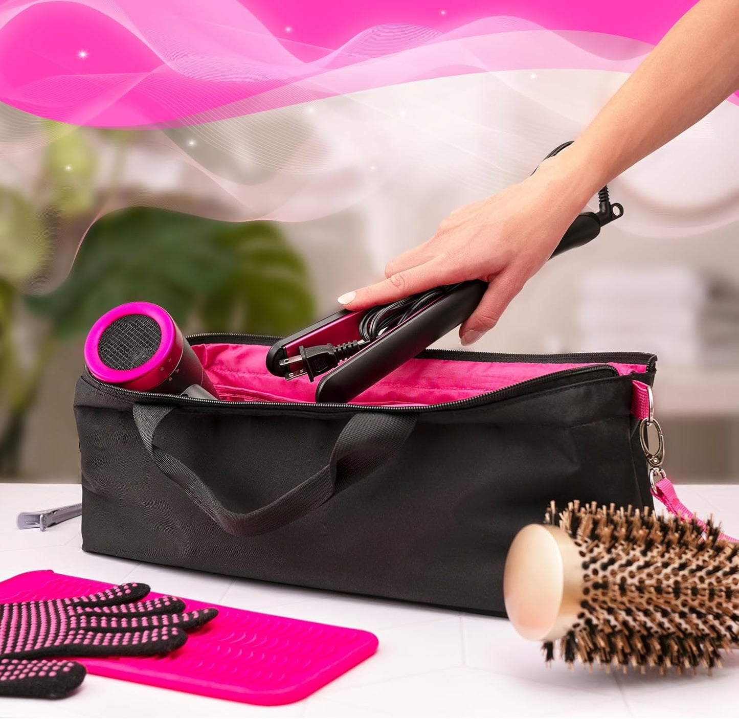 Hair Tool Travel Bag with Heat Resistant Mat for Flat Iron, Straighteners, Curling Iron, Makeup, Toiletries & Haircare Accessories, Portable Hot Tools Organizer with Silicone Mat & Glove