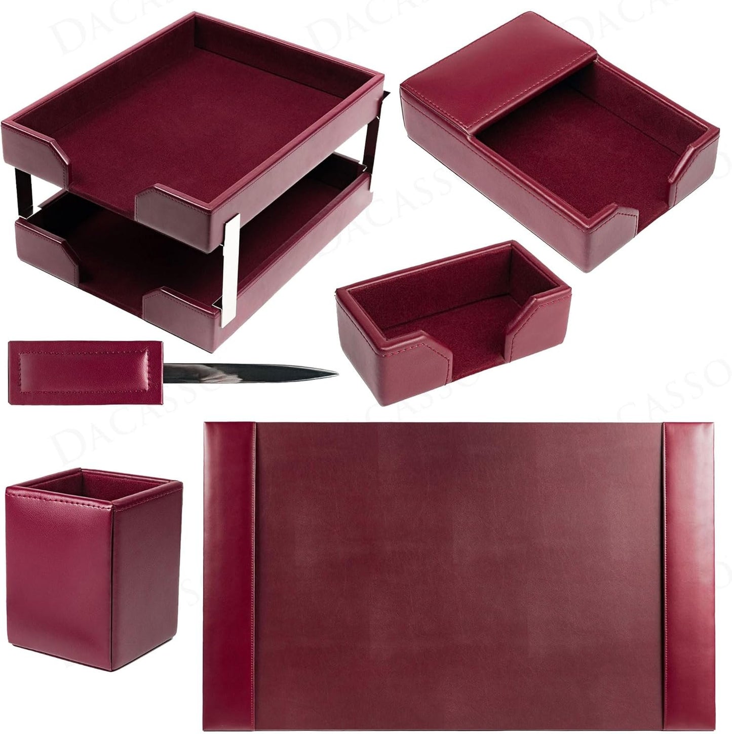 Dacasso Burgundy Bonded Leather Luxury 8-Piece Desk Accessory Set - Blotter Pad & Desk Organization Essentials - Executive Decor and Surface Protector
