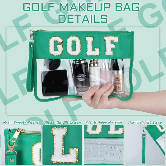 2 Pcs Golf Gifts Cosmetic Makeup Bag with Chenille Letter Patch, Clear Pouch PVC Organizer Purse, Waterproof Travel Bag, Portable Toiletry Storage Bag for Her Girls Friends Women