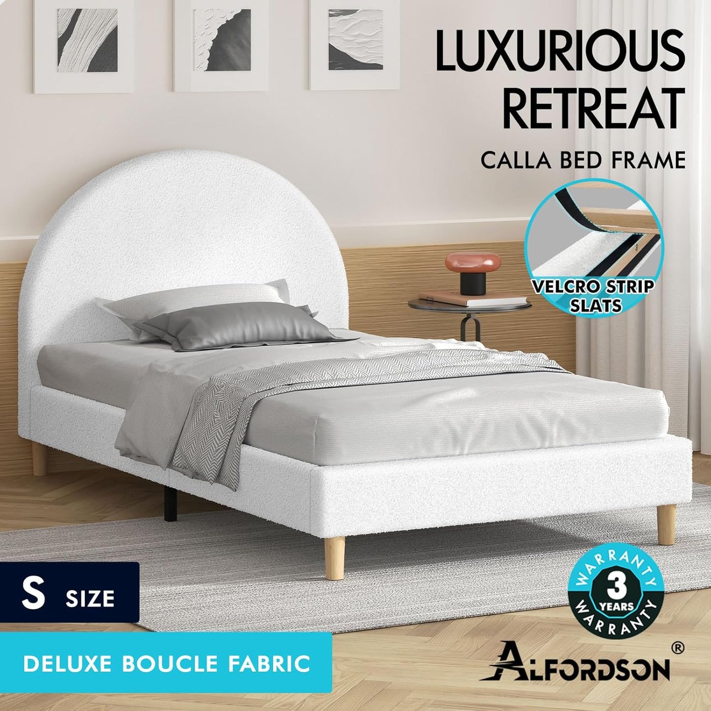 ALFORDSON Bed Frame Base Single Size Calla Series with Bed Head, Mattress Topper Platform Foundation with Boucle Fabric Upholstery for Bedroom, Boucle White