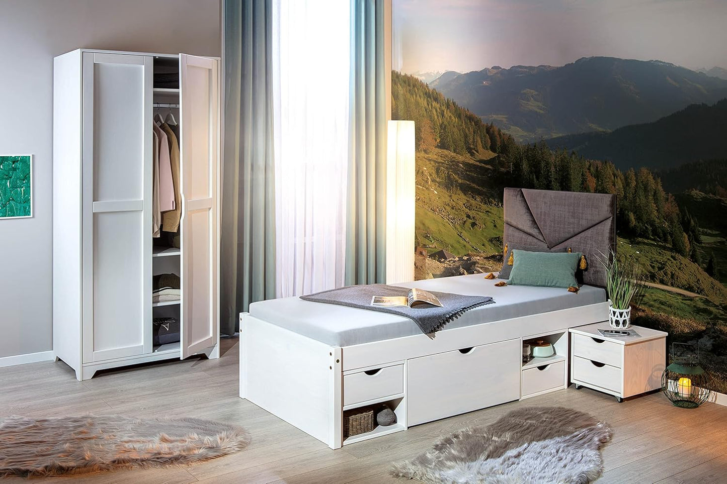 Inter Link - Single bed - Multifunction - Functional bed with storage - With bedside table - 3 drawers - 2 niches - Solid wood - With base - White painted - Till 90 x 200 cm