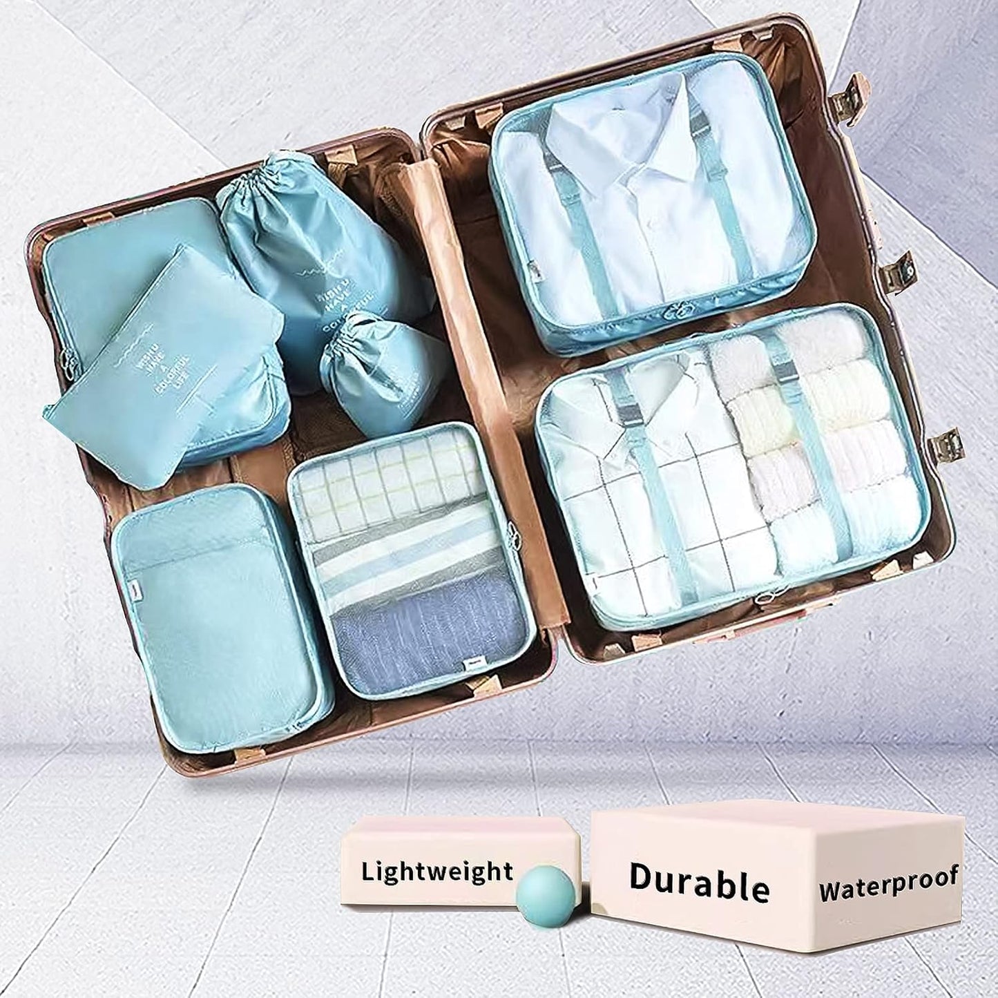 McNory Suitcase Organizer Set of 8, Travel Organizers Cubes Packaging Laundry Bag Luggage Compression Bags for Clothes, Cosmetics, Shoes, Underwear, blue