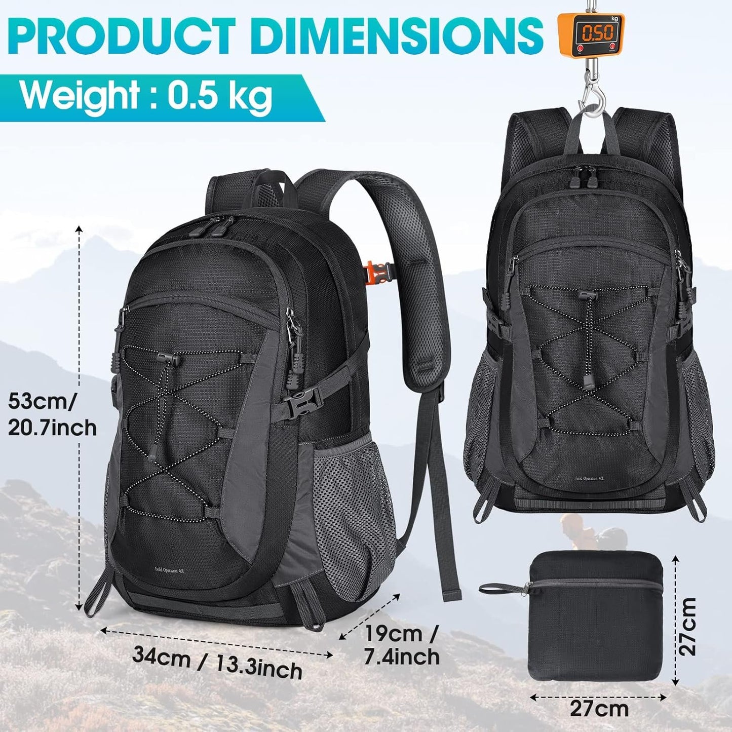 40L Hiking Backpacks, Packable Travel Backpack, Water Resistant Lightweight Foldable Daypack for Outdoor Hiking Climbing