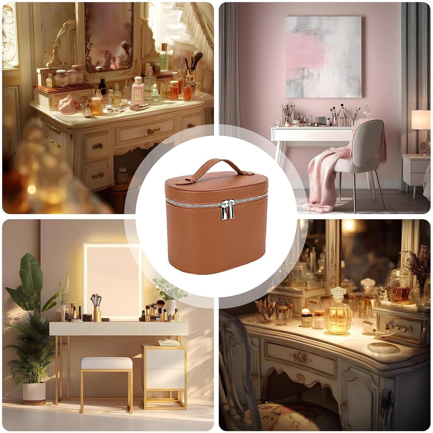 Pu Leather Cosmetic Bag, Waterproof Travel Makeup Organizer, Zipper Vanity Pouch Tote, 24x14x16cm for Jewelry Toiletries Girls Train Car Beach Bathroom Use Construction to Protect