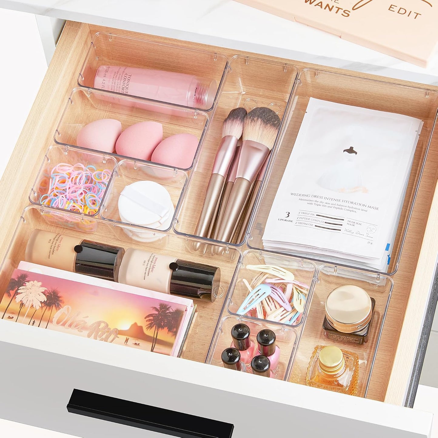 Vtopmart 44 PCS Clear Plastic Drawer Organizers Set, 4-Size Versatile Bathroom and Vanity Organizer Trays, Non-Slip Storage Containers for Makeup, Jewelries, Bedroom,Kitchen Utensils and Office