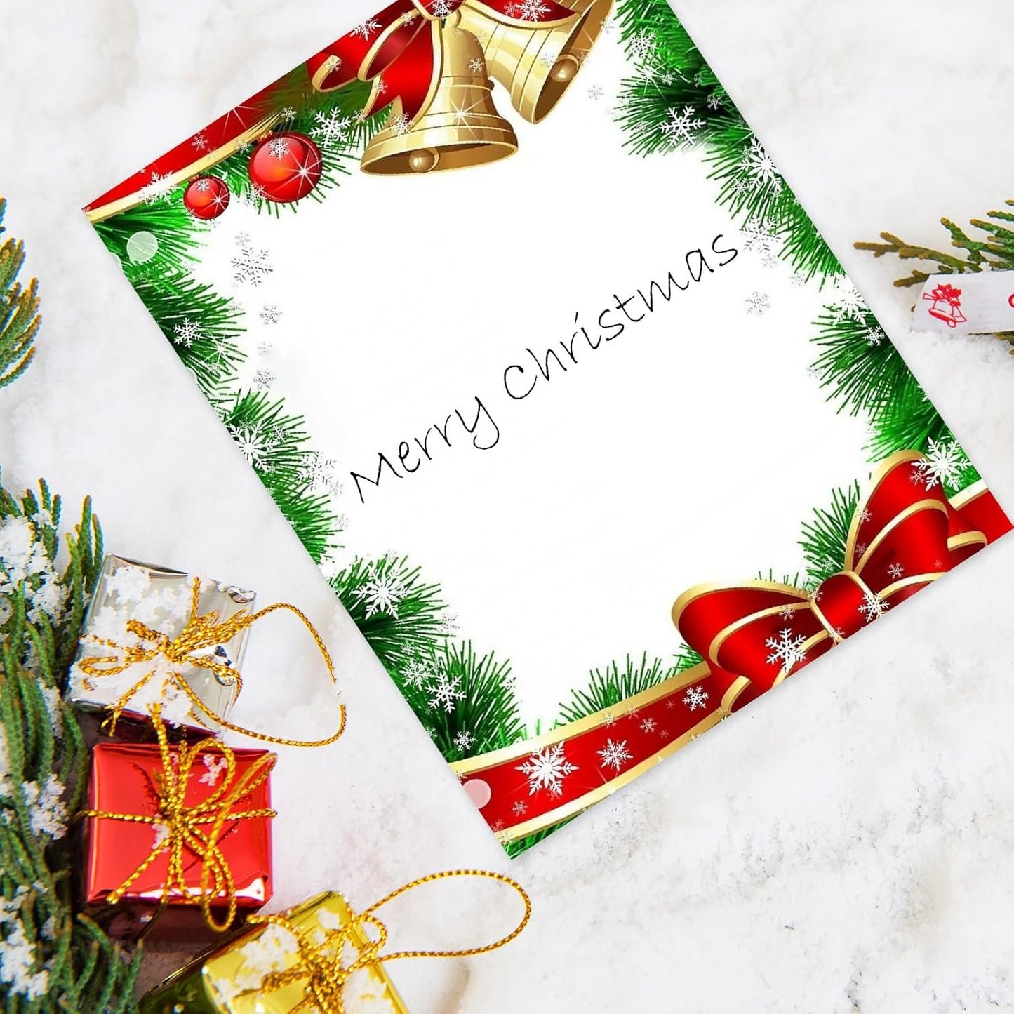 AnyDesign 60Pcs Christmas Stationery Paper Xmas Bell Design Border Letterhead Decorative Letter Writing Paper for Notes Greeting Cards Invitation Office School Printing, 8.5 x 11 Inch