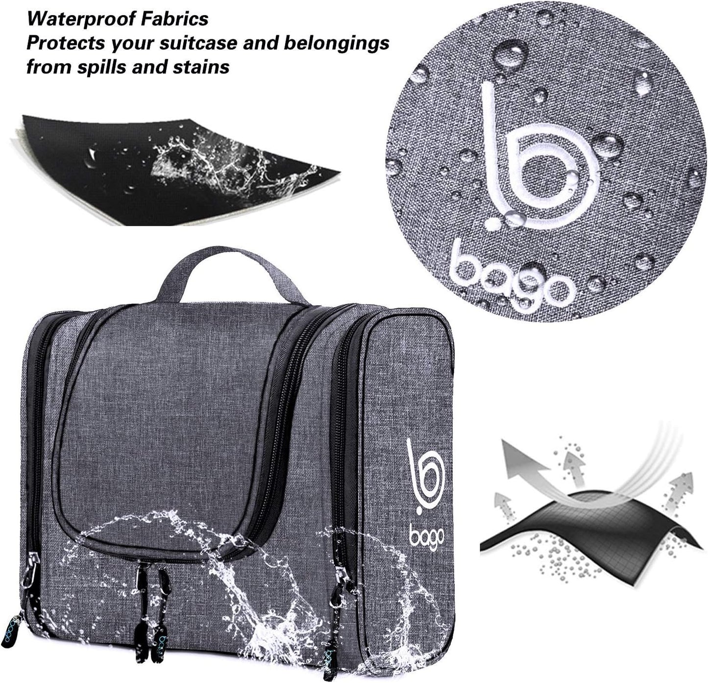 Bago Hanging Toiletry Bag for Women & Men - Leak Proof Travel Bags for Toiletries with Hanging Hook & Inner Organization to Keep Items from Moving - Pack Like a PRO (Snow Black)