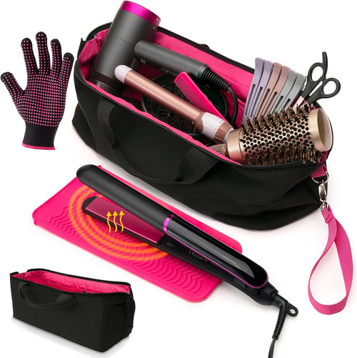 Hair Tool Travel Bag with Heat Resistant Mat for Flat Iron, Straighteners, Curling Iron, Makeup, Toiletries & Haircare Accessories, Portable Hot Tools Organizer with Silicone Mat & Glove