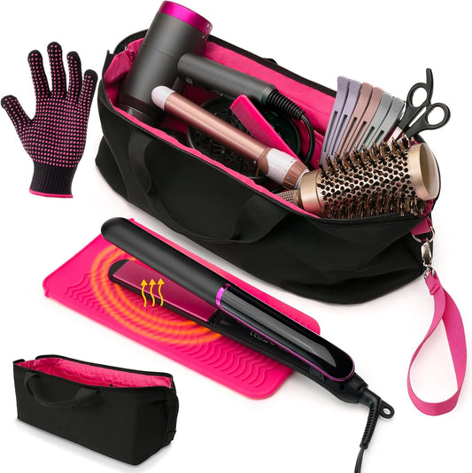 Hair Tool Travel Bag with Heat Resistant Mat for Flat Iron, Straighteners, Curling Iron, Makeup, Toiletries & Haircare Accessories, Portable Hot Tools Organizer with Silicone Mat & Glove
