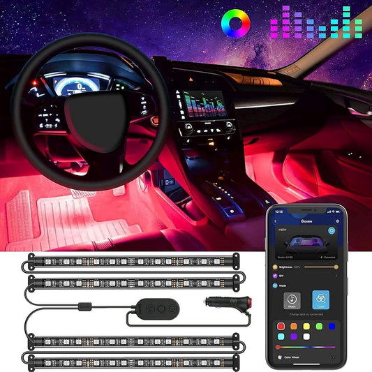 Govee Car LED Strip with APP, 4pcs 22 cm Interior LED Lights for Cars with 9 Colours Multicoloured Two Lines Design, Music Under Dashboard Lighting Kit, DC 12 V