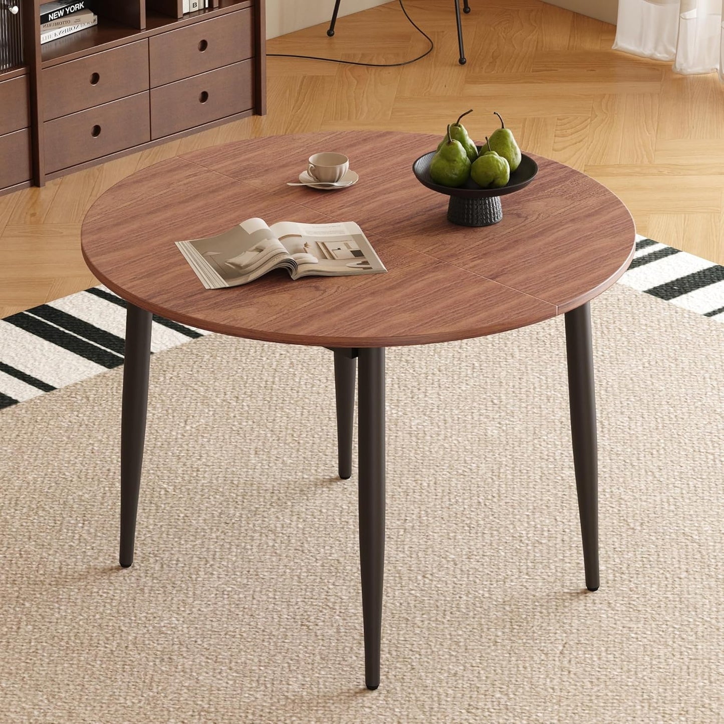 FURNITO 42"-54" Extendable Round Dining Room Table for 4 6 People, Wooden Kitchen Tabletop with Metal Legs, Space Saving Modern Dining Table for Small Space, Easy to Assemble, Walnut
