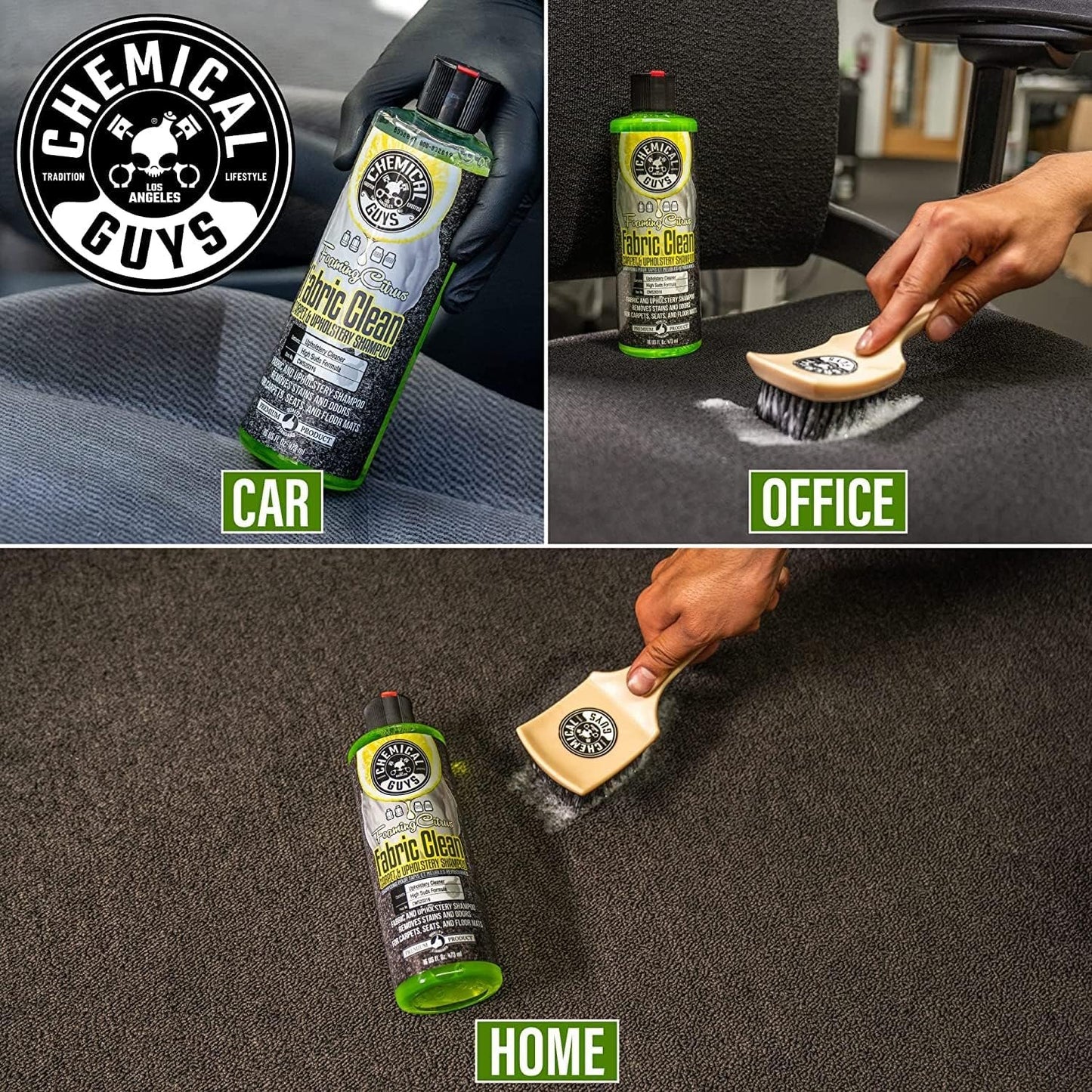 Chemical Guys Foaming Citrus Fabric Clean & Drill Brush Kit - High-Foaming Stain & Odor Remover for Car Carpets, Upholstery & Floor Mats - Deep Cleans & Deodorizes, Citrus Scent - 16 fl oz