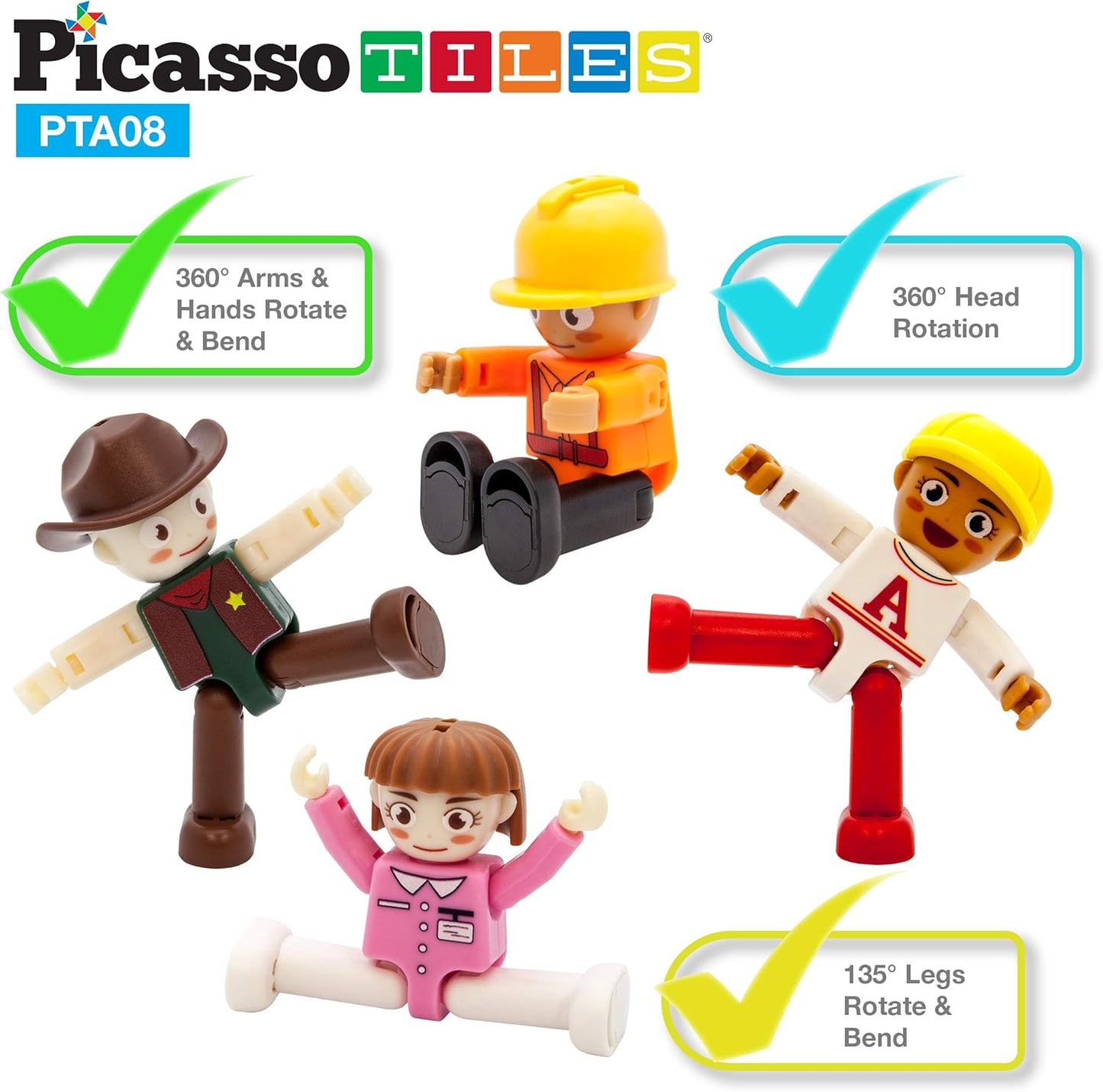 PicassoTiles 16 Piece Character Action Figures Toddler Toy Set Expansion Variety Pack Magnet Education Construction Blocks STEM Learning Kit Pretend Play Toys for Magnetic Building Block Tiles PTA08