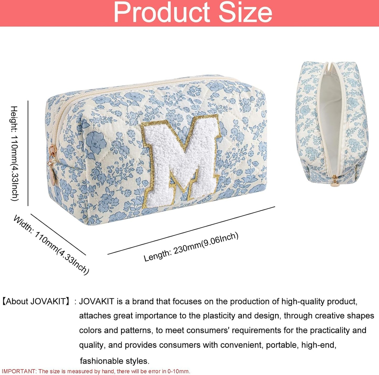 JOVAKIT Alphabet Makeup Bag Cosmetic Bag for Women, Christmas Gifts for Girls Age 6-18, Floral Flowers Coquette Travel Toiletry Zipper Make Up Pouch Organizer Trendy Stuff (Blue Floral M)