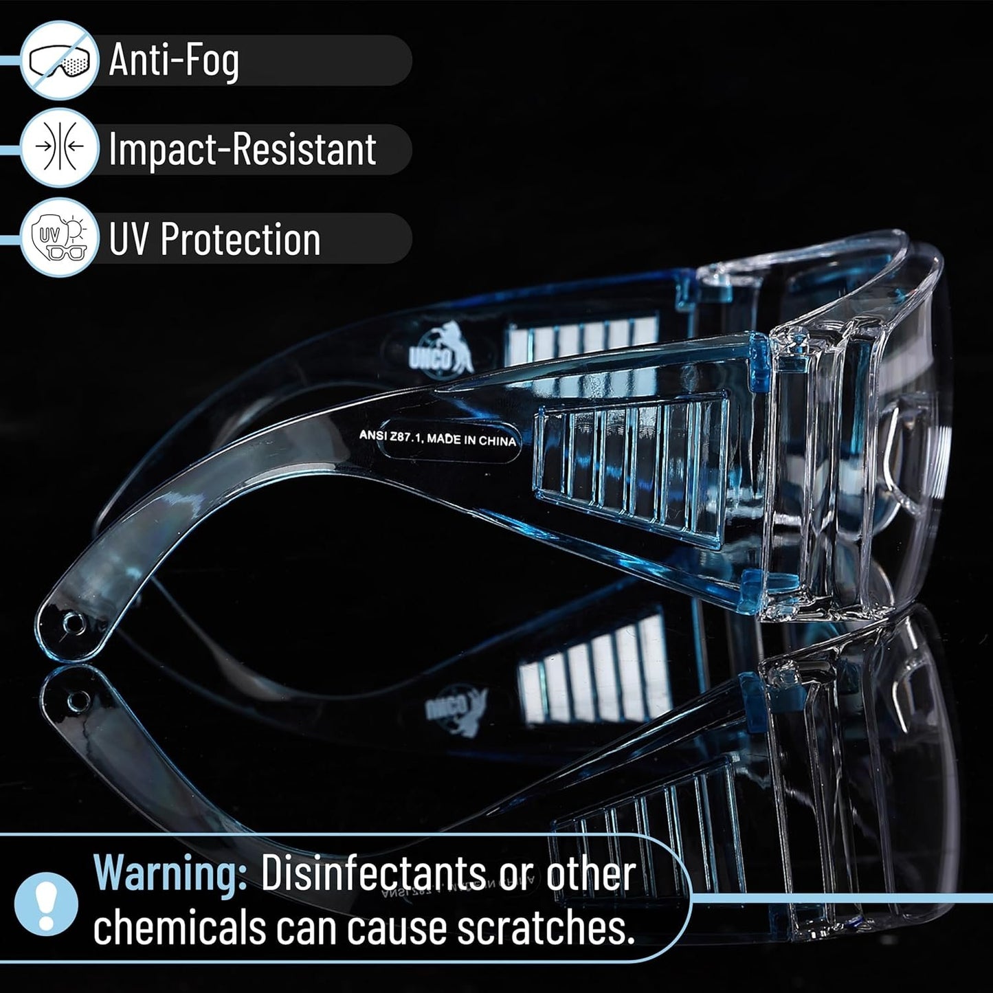 UNCO- Safety Goggles Over Glasses, Protective Goggles, Safety Goggles Anti Fog, Work, Safety Glasses Over
