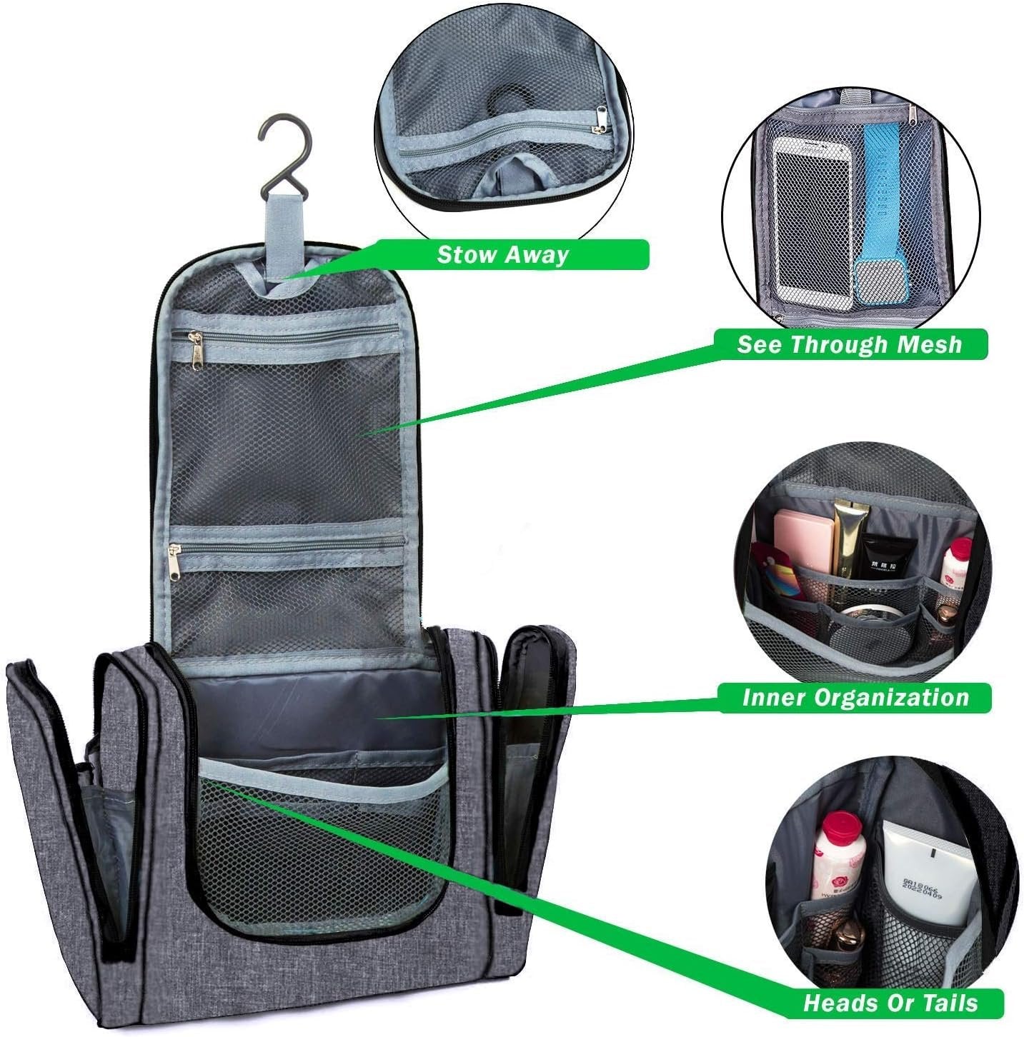 Bago Hanging Toiletry Bag for Women & Men - Leak Proof Travel Bags for Toiletries with Hanging Hook & Inner Organization to Keep Items from Moving - Pack Like a PRO (Snow Black)