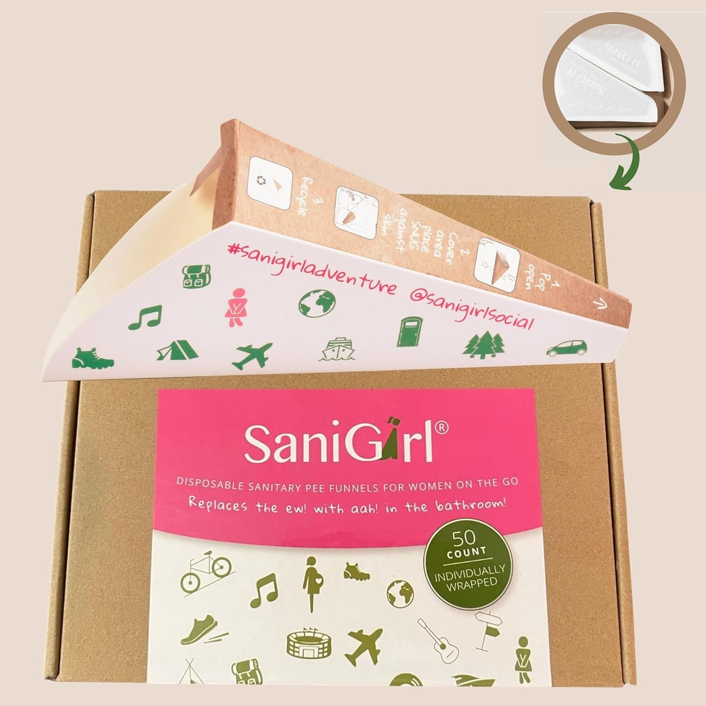 SaniGirl Travel Urinal for Women | Female Urination Device Disposable | Feminine Hygiene Products to Pee Standing Up | Travel Toiletries Camping and Festival Essentials (50 Count Individually Wrapped)