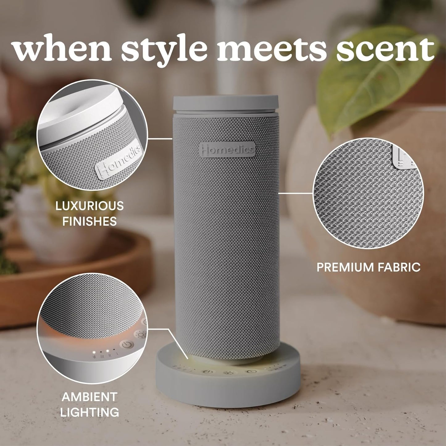 Homedics SereneScent Mini Fabric Rechargeable Waterless Diffuser, Cordless Aromatherapy Device, Use with SereneScent Oil 15ml (Sold Separately), Adjustable Mist Intensity & Ambient Light, Gray