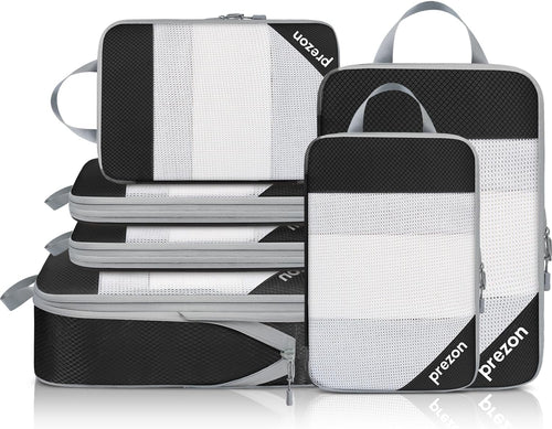 Prezon Versatile 6-Set Compression Hollow Packing Cubes, Full Open Visible Design.Space-Saving and Lightweight, Customized Cationic Material, Portable and Durable Luggage Organizer (6 Sets Black)