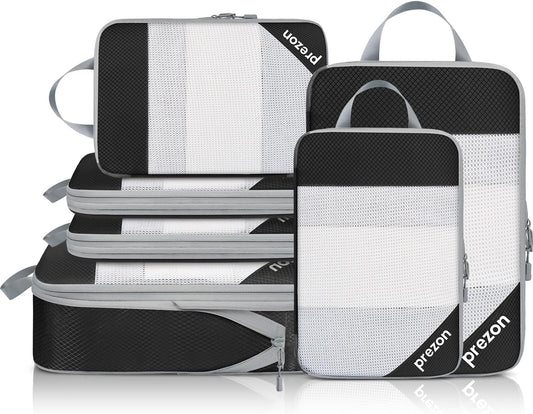 Prezon Versatile 6-Set Compression Hollow Packing Cubes, Full Open Visible Design.Space-Saving and Lightweight, Customized Cationic Material, Portable and Durable Luggage Organizer (6 Sets Black)