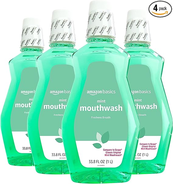 Amazon Basics Fresh Breath Mouthwash, Mint, 33.8 Fl Oz (Pack of 4), (Previously Solimo)
