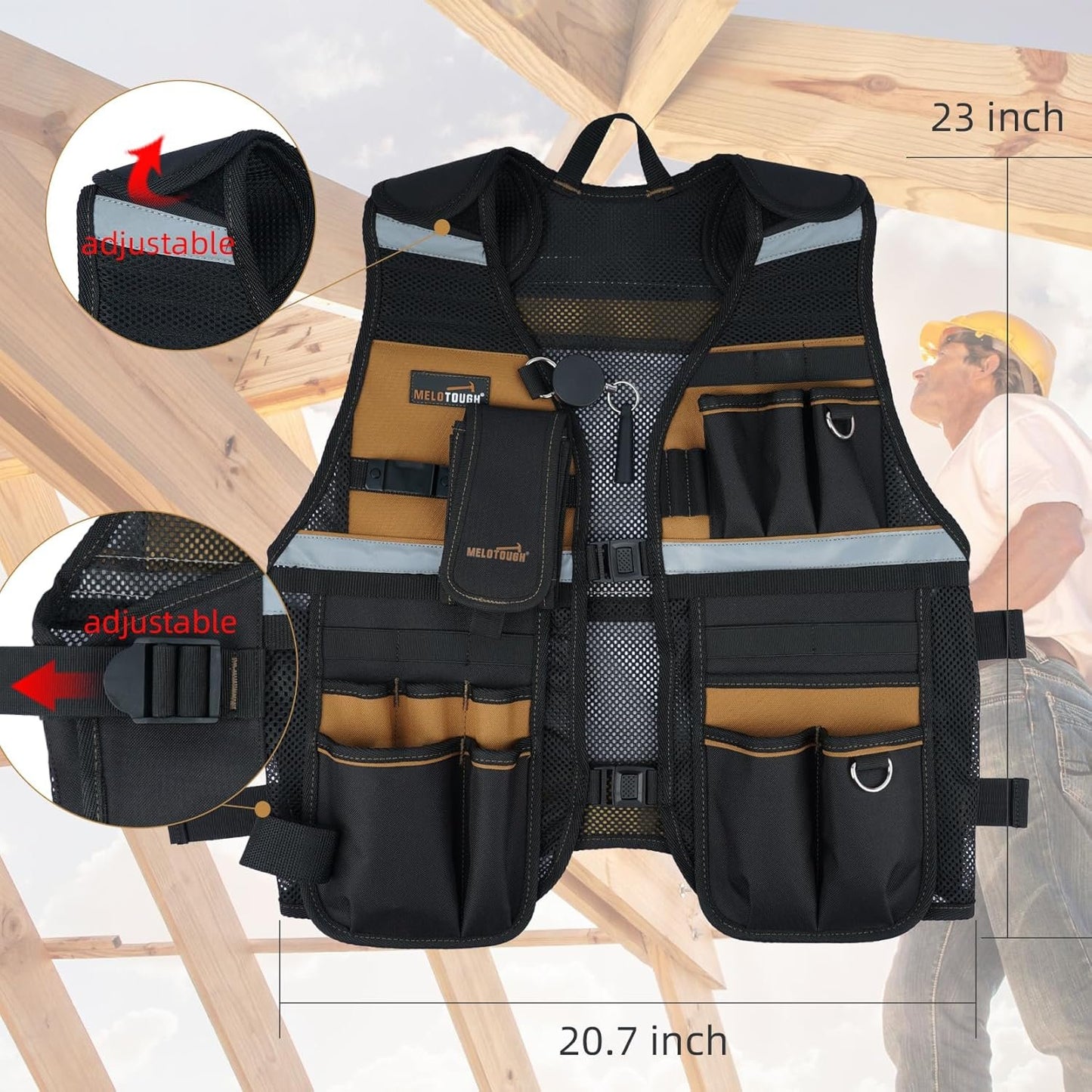 MELOTOUGH Tool Vest Reflective Safety Tool Vest with Removable Phone Holder for Electrician,Carpenter,Construction