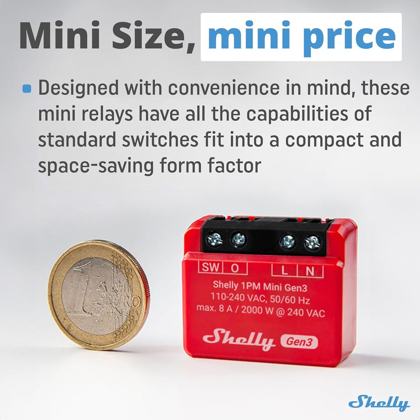 Shelly 1PM Mini Gen3 | WiFi & Bluetooth Smart Switch Relay, 1 Channel 8A with Power Measurement | Home Automation | Compatible with Alexa & Google Home | iOS Android App | No Hub Required