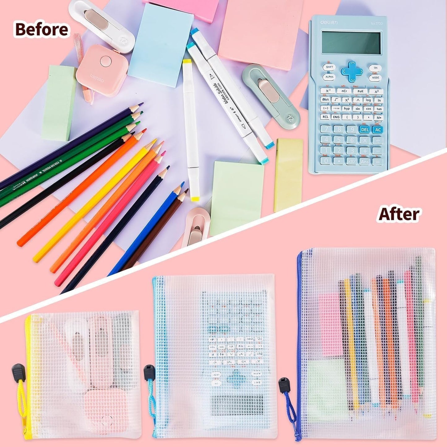 YSHIGUING 24pcs Mesh Zipper Pouch Bags Multipurpose Waterproof Zipper Bags Document Bag with 8 Different Sizes,Plastic Zipper Bags for Organizing,Office, Travel, Home Board Game Storage