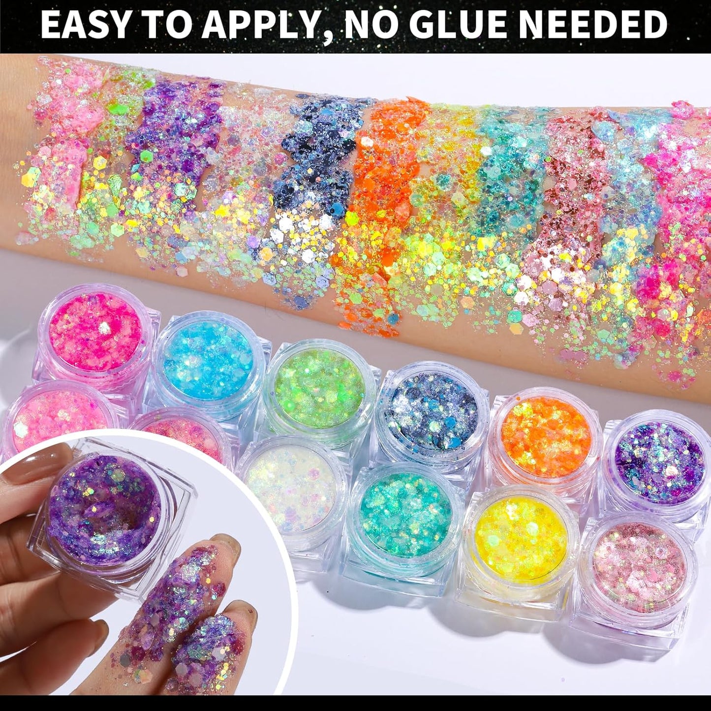 Teenitor 12 Colors Glow in The Dark Glitter Gel, Face Glitter Body Glitter Gel Hair Glitter for UV Black Light Makeup Raves Festivals