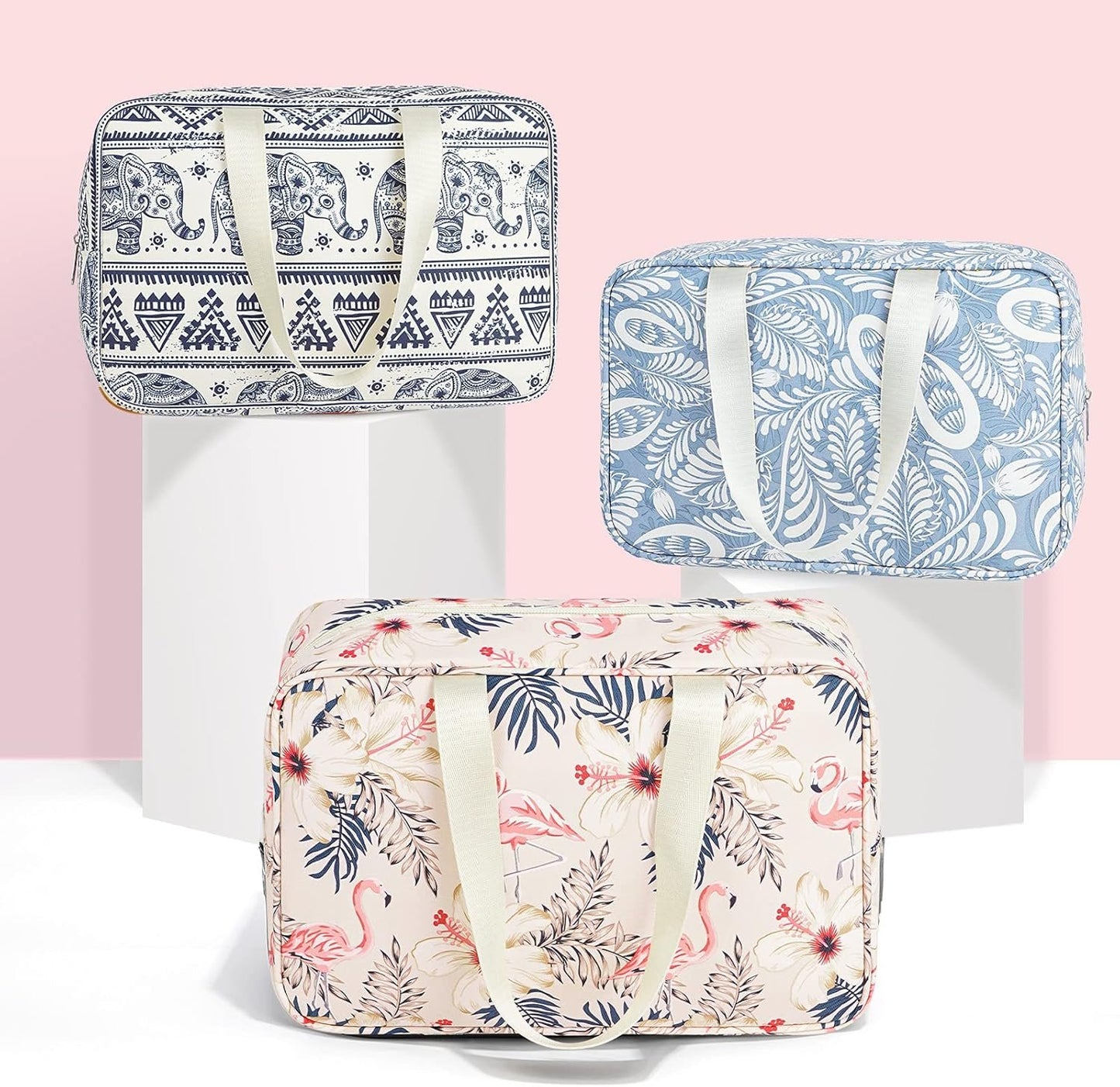 Narwey Large Toiletry Bag Women Travel Toiletries Makeup Cosmetic Bag Make Up Bags Organizer Medicine Mens (Beige Flamingo)