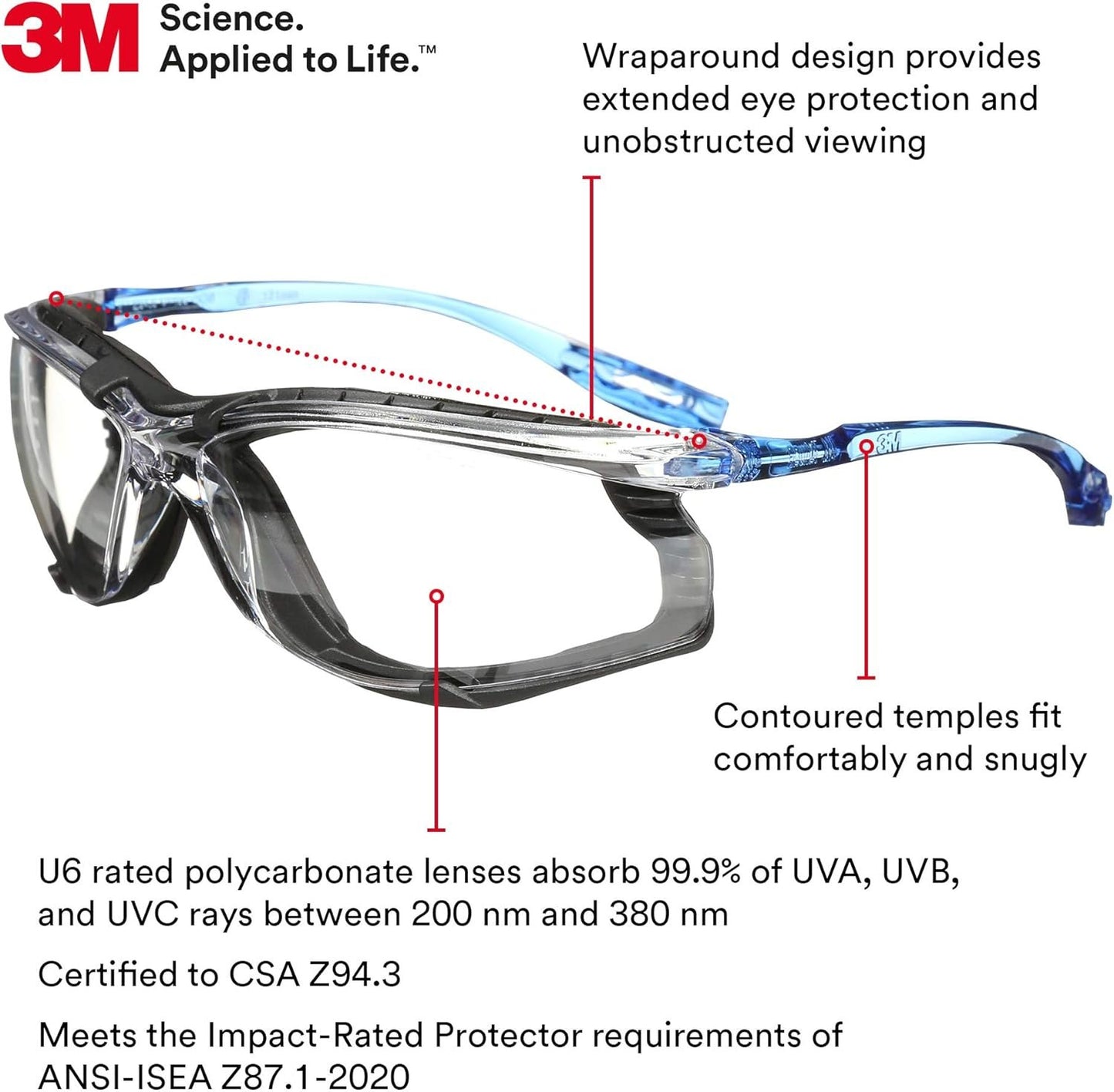3M Safety Glasses, Virtua CCS Protective Eyewear 11872, Removable Foam Gasket, Clear Anti-Fog Lenses, Corded Ear Plug Control System