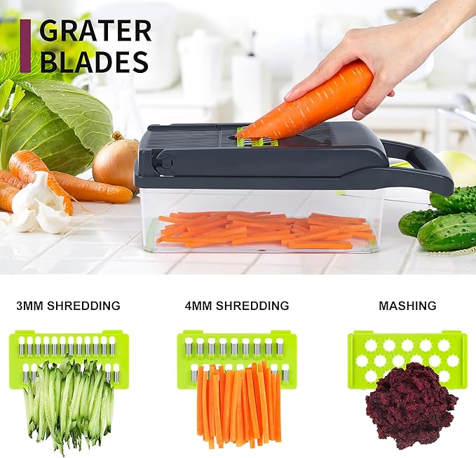 Vegetable Chopper Mandoline Slicer,Veggie Chopper, Multifunctional 10 in 1 Food Choppers, Kitchen Vegetable Slicer Dicer Cutter,Onion Mincer,Cheese Grater,Colander Basket,Kitchen Gadgets (Gray/Green)