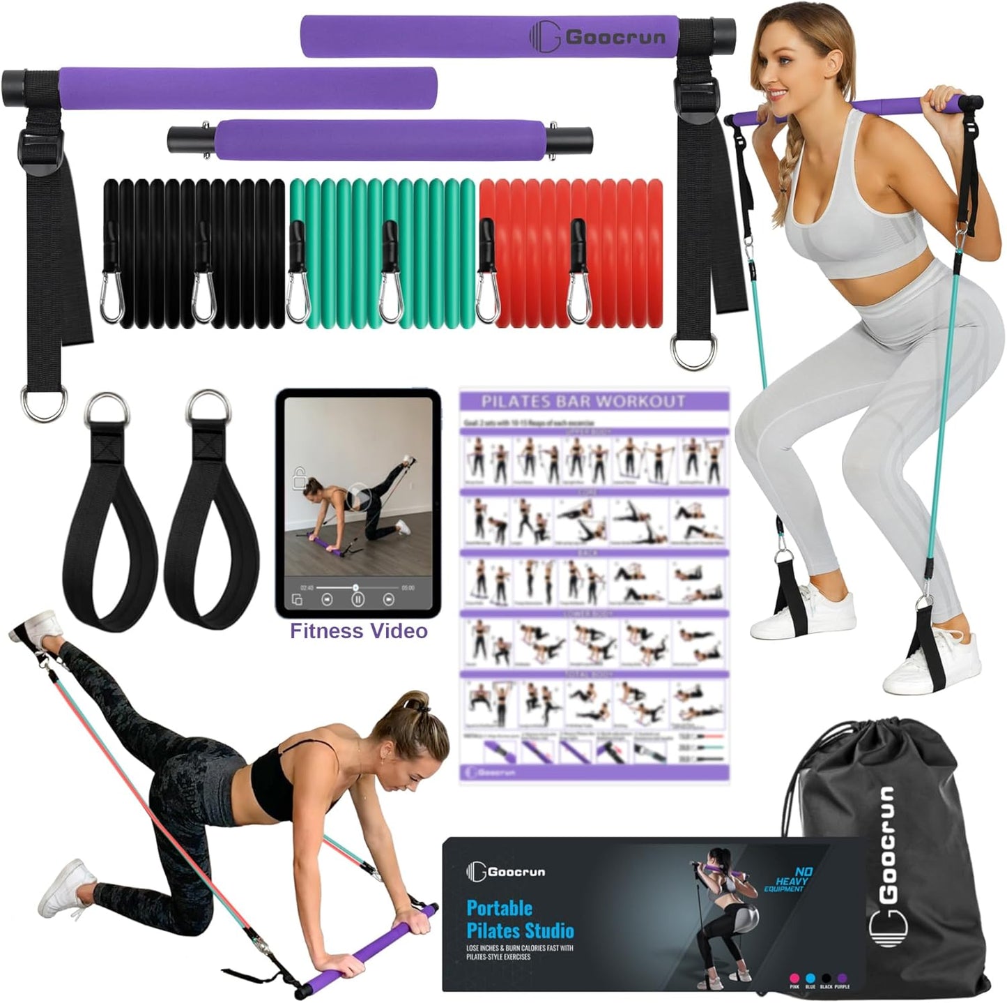 Goocrun Portable Pilates Bar Kit with Resistance Bands - 3 Set Exercise Bands - Home Gym, Workout Kit for Body Toning – with Fitness Poster and Video