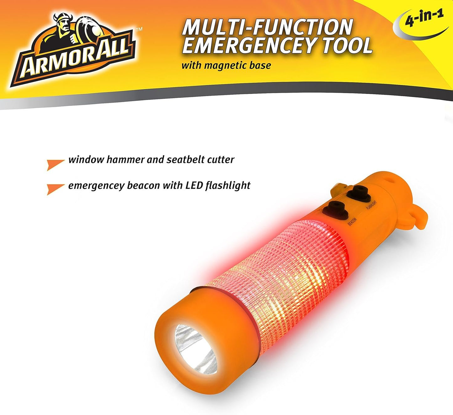 Armor All Car Emergency Tool, Escape, Safety - 4 in 1 Hammer / Window Breaker, Seatbelt Cutter, Flashlight, Beacon Light