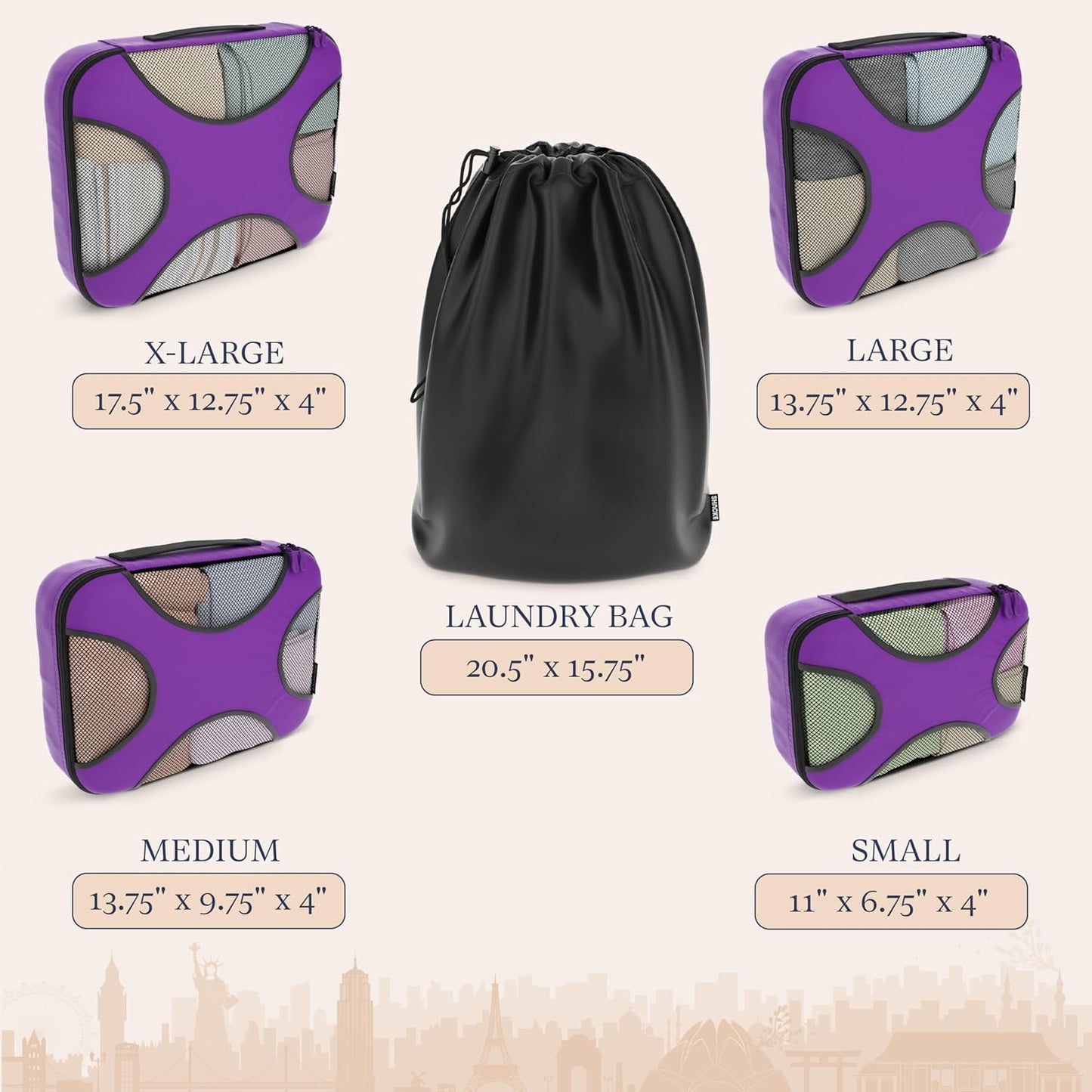 Shacke Pak - 4 Set Packing Cubes - Travel Organizers with Laundry Bag