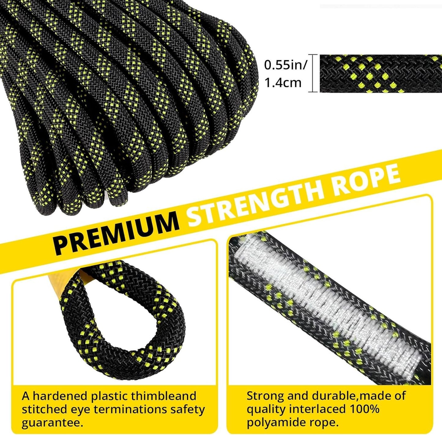 TRSMIMA Rope Harness Safety Lanyard:50ft Vertical Roofing Rope With Grab Snap Hooks Shock Absorber - Fall Protection Tree Climbing Line Kit Heavy Duty Roof Safety Equipment ANSI CE