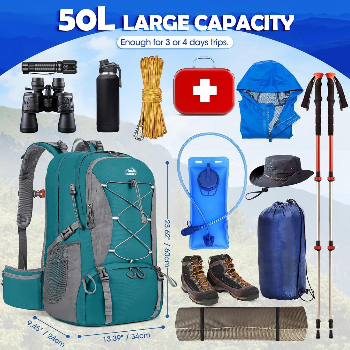 Hiking Backpack for Men 50L Waterproof Camping Backpack with Rain Cover Large Outdoor Sport Travel Backpack for Climbing