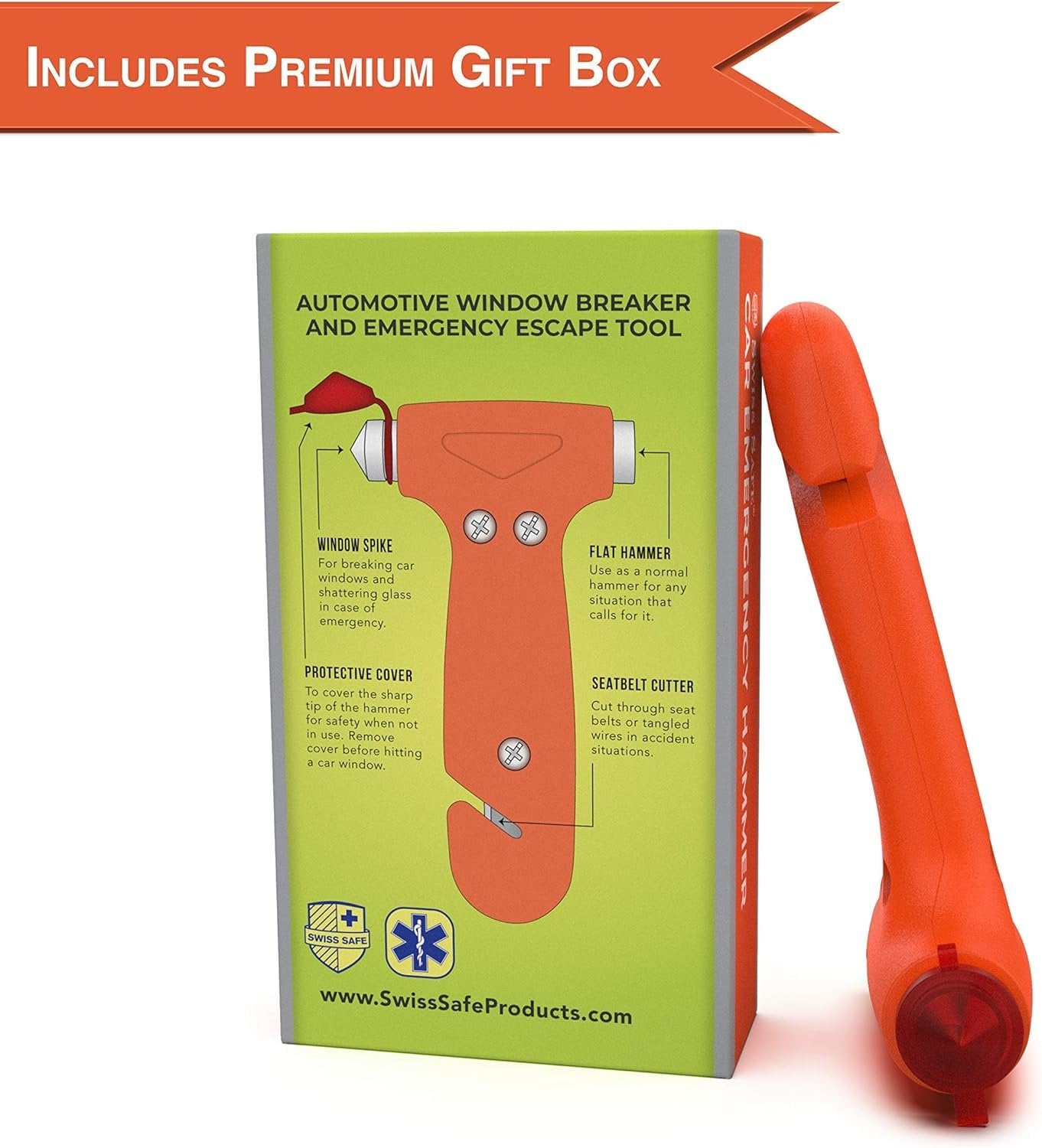 Swiss Safe 5-in-1 Car Safety Hammer: Emergency Escape Tool with Car Window Breaker and Seatbelt Cutter for First Responders and Roadside Safety Kits