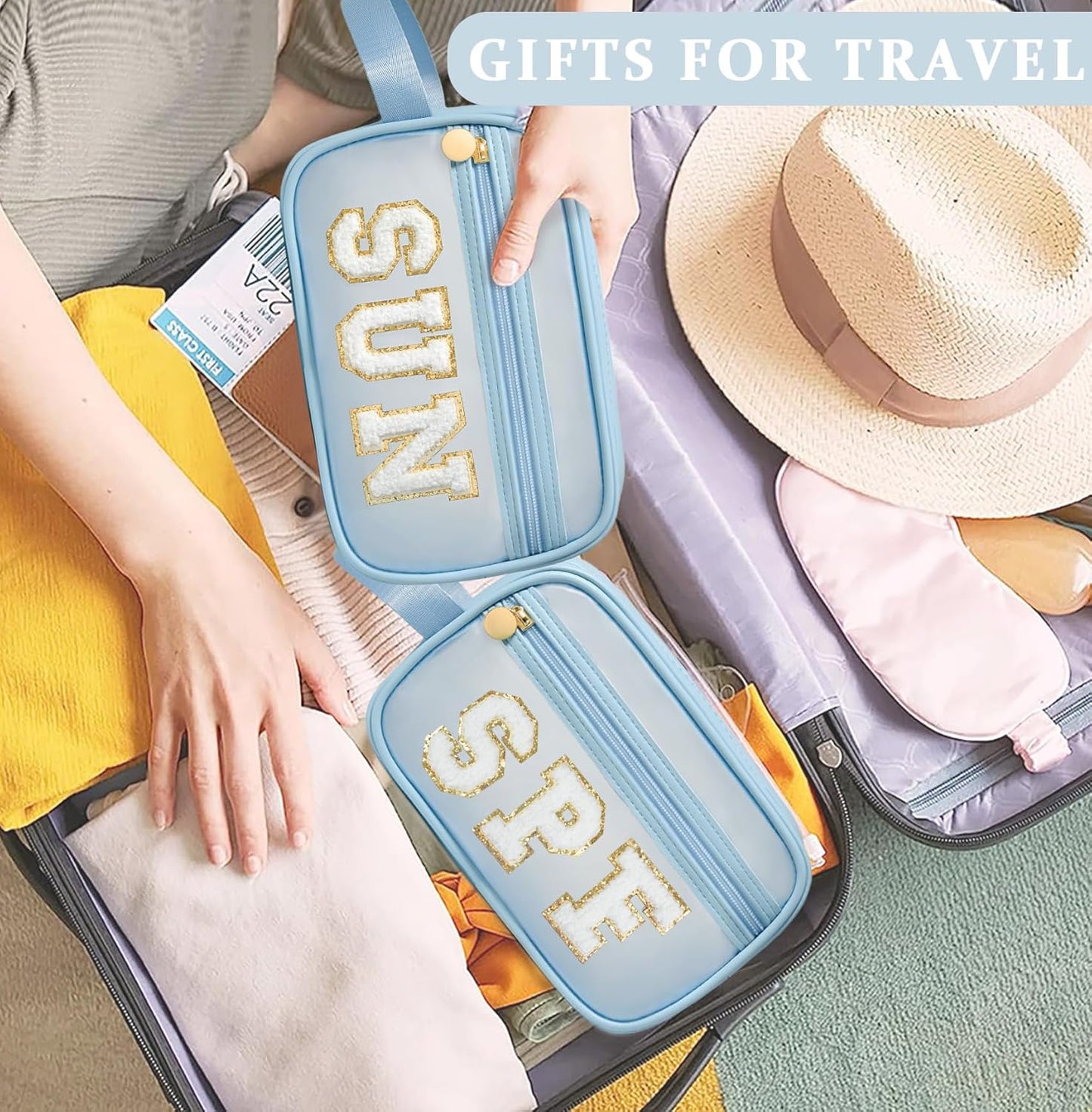 COSHAYSOO Clear Sunscreen Bag Makeup Toiletries Pouch Beach Vacation Essentials Summer Travel Stuff Accessories Personalized Graduation Gifts for Her Women College Teen Girls Teacher Nurse Blue SUN