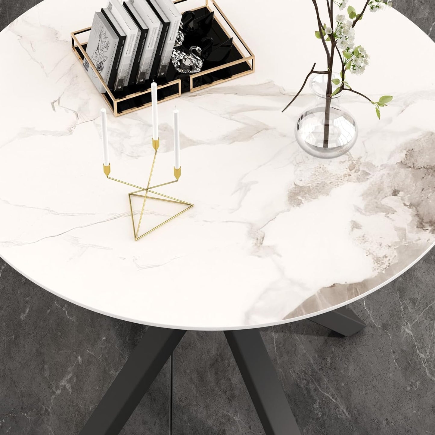 NIERN Round Dining Table, 35.4" Modern White Sintered Stone Table Top Kitchen Table, Dining Room Table with Black Powder Coated Legs for Home Living Room Kitchen