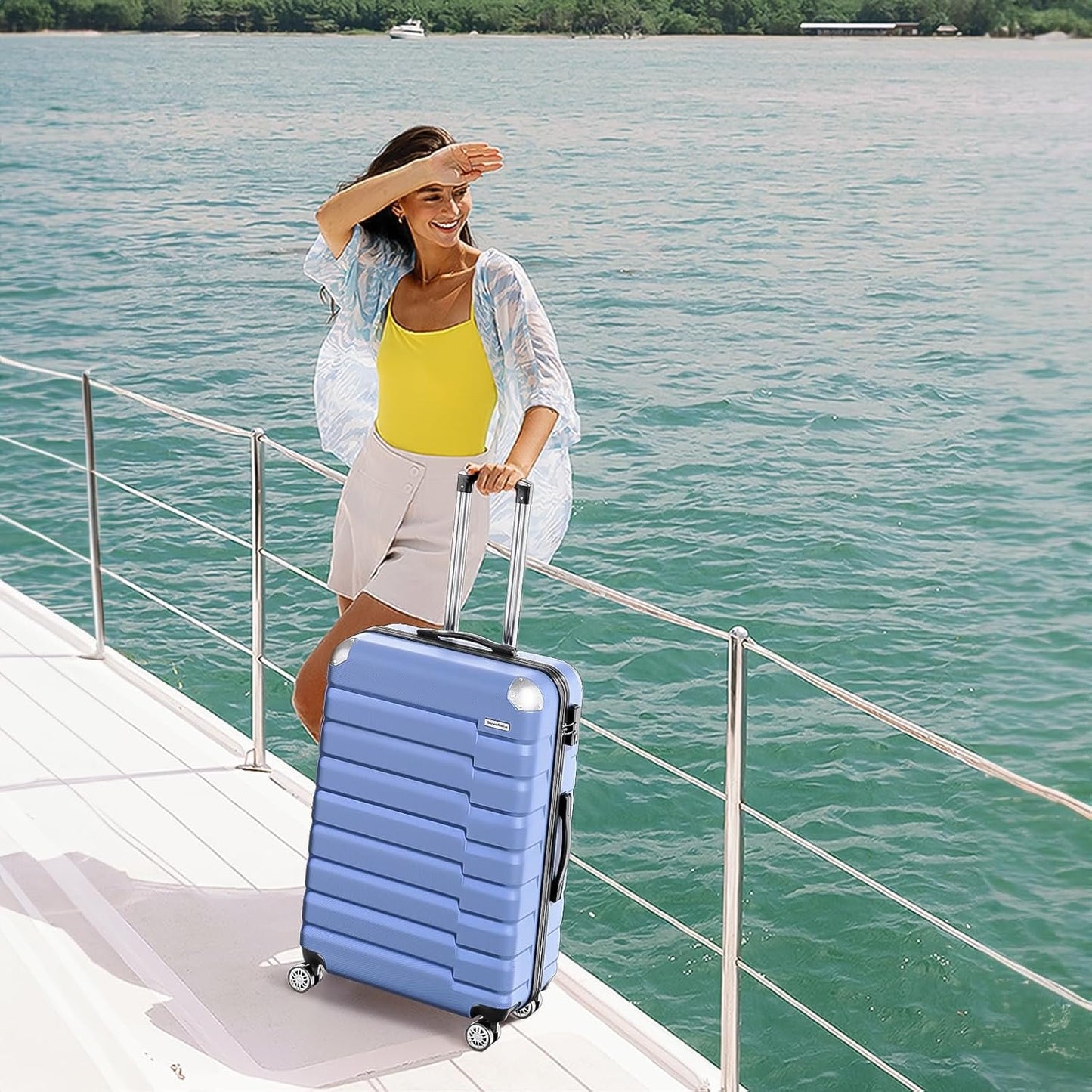 Strenforce Carry-On Luggage with 8 Spinner Wheels Travel Suitcase TSA Lock 20inch,Light Blue