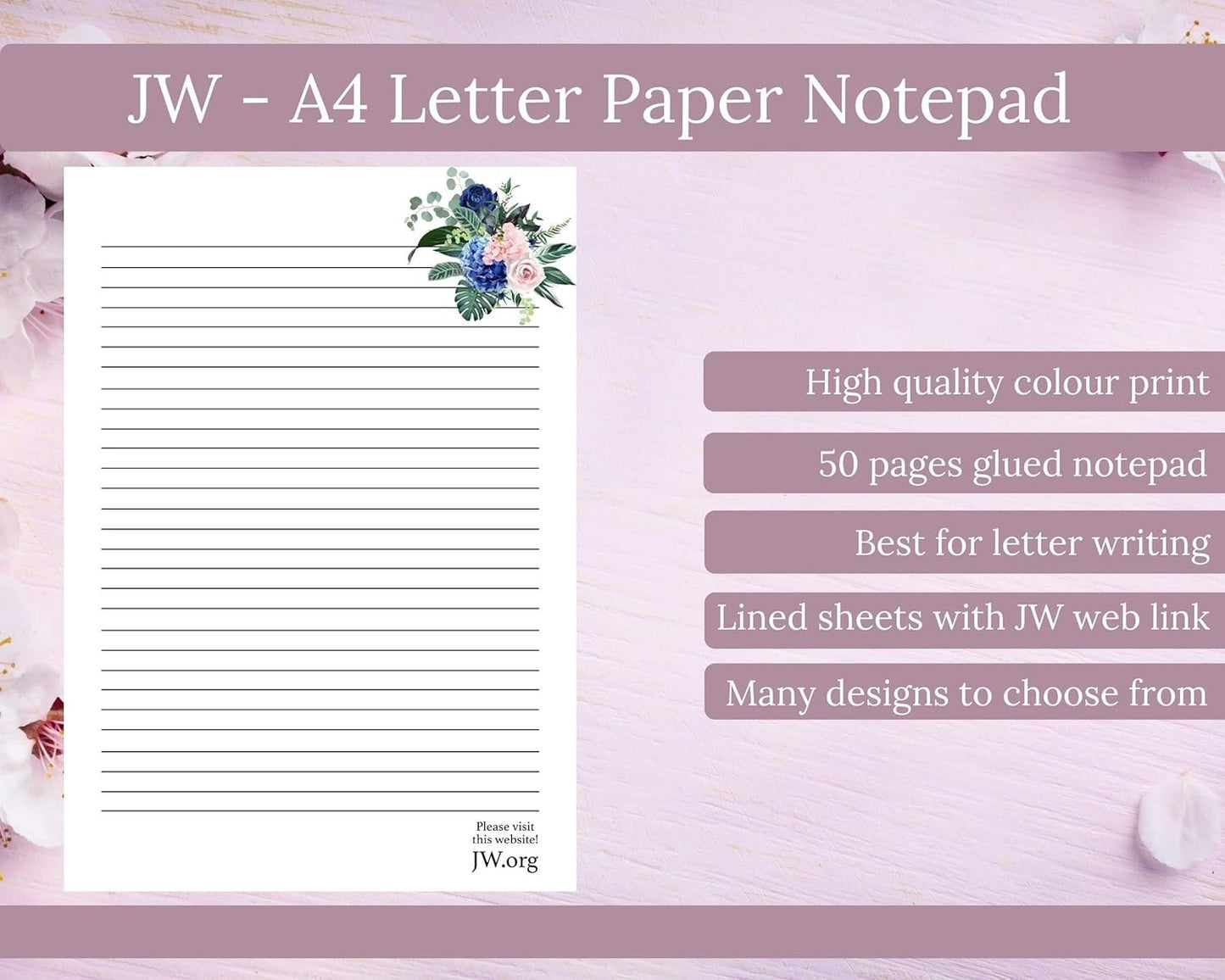 JW Letter Writing A4 Pad Stationery Paper Lined Gift Notepad Writing Sheets (Green Leaves)