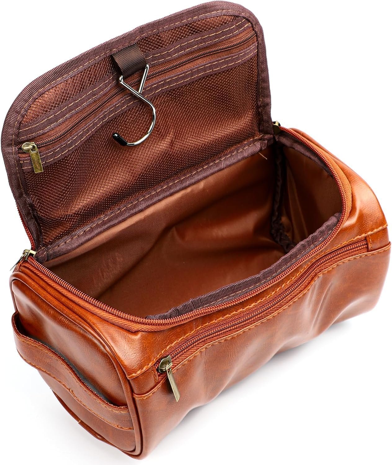 Kallsi Toiletry Bag Hanging Travel Organizer for Men and Women PU Leather Wash Bag for Shaving Kit with Handle Brown