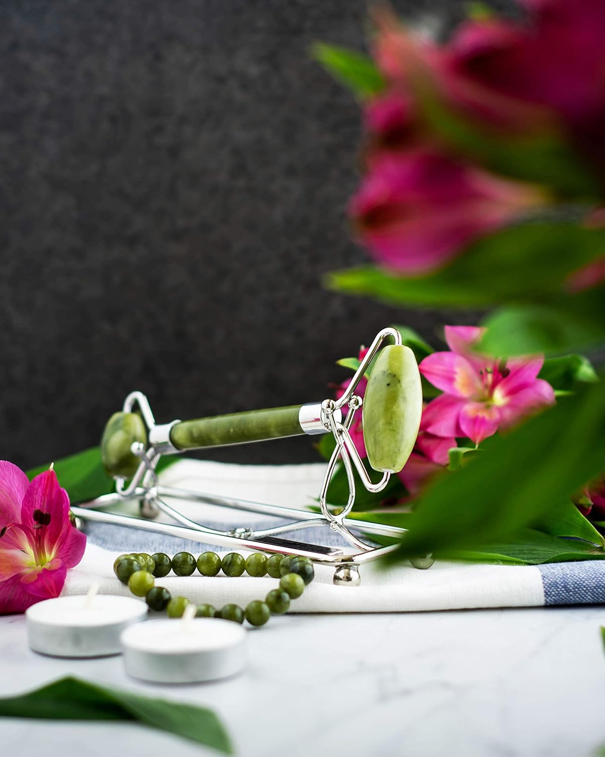 Jade Roller Deluxe Set with Bracelet, Jeweled Stand and Satin Pouches. Skin Care Facial Massage Detox Optimize Health Wellness Anti Aging Treatment Wrinkle Removal